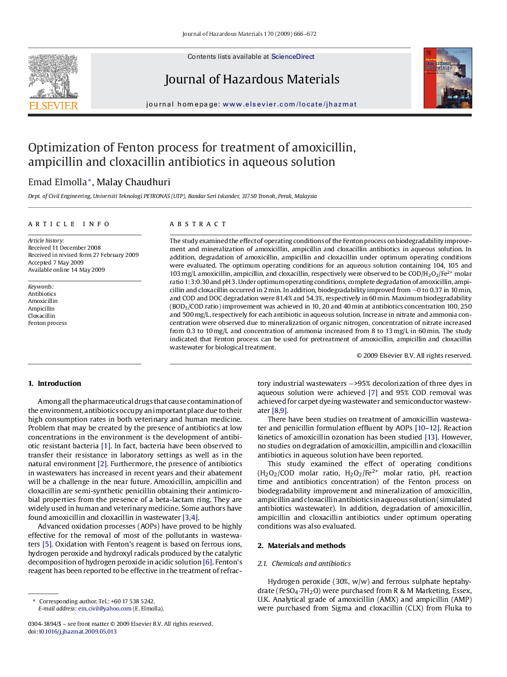 Optimization of Fenton process for treatment of amoxicillin, ampicillin and cloxacillin antibiotics in aqueous solution