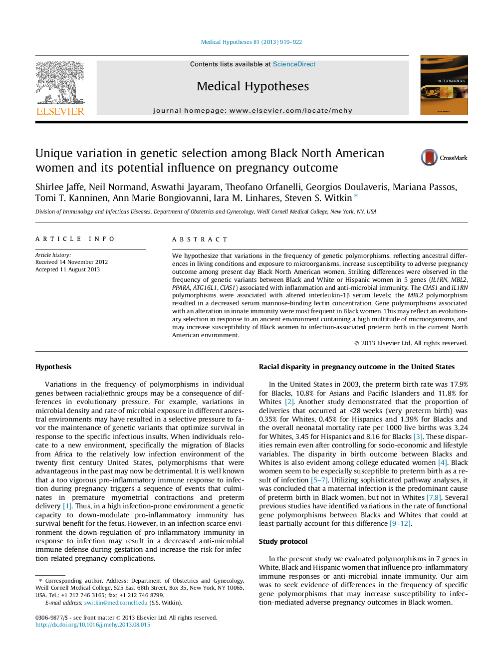 Unique variation in genetic selection among Black North American women and its potential influence on pregnancy outcome