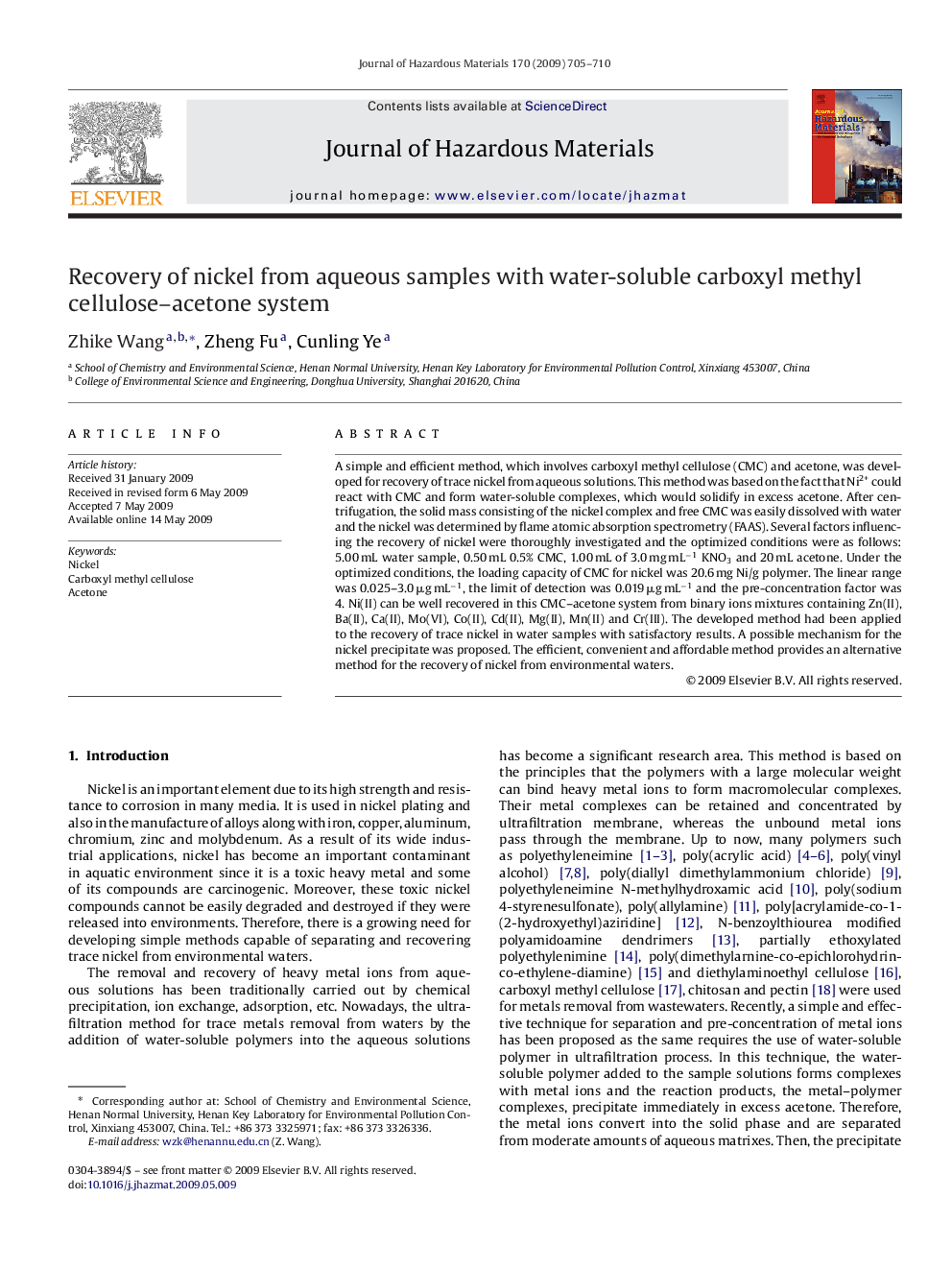 Recovery of nickel from aqueous samples with water-soluble carboxyl methyl cellulose-acetone system