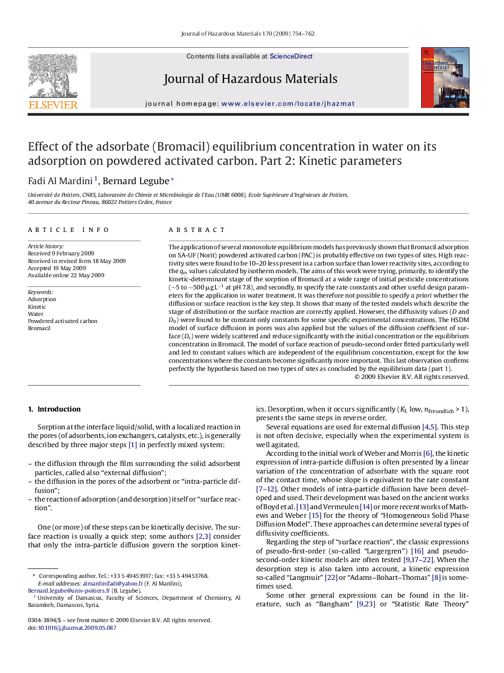 Effect of the adsorbate (Bromacil) equilibrium concentration in water on its adsorption on powdered activated carbon. Part 2: Kinetic parameters