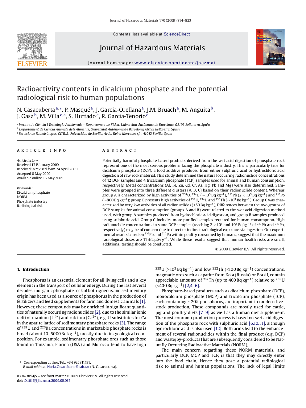 Radioactivity contents in dicalcium phosphate and the potential radiological risk to human populations