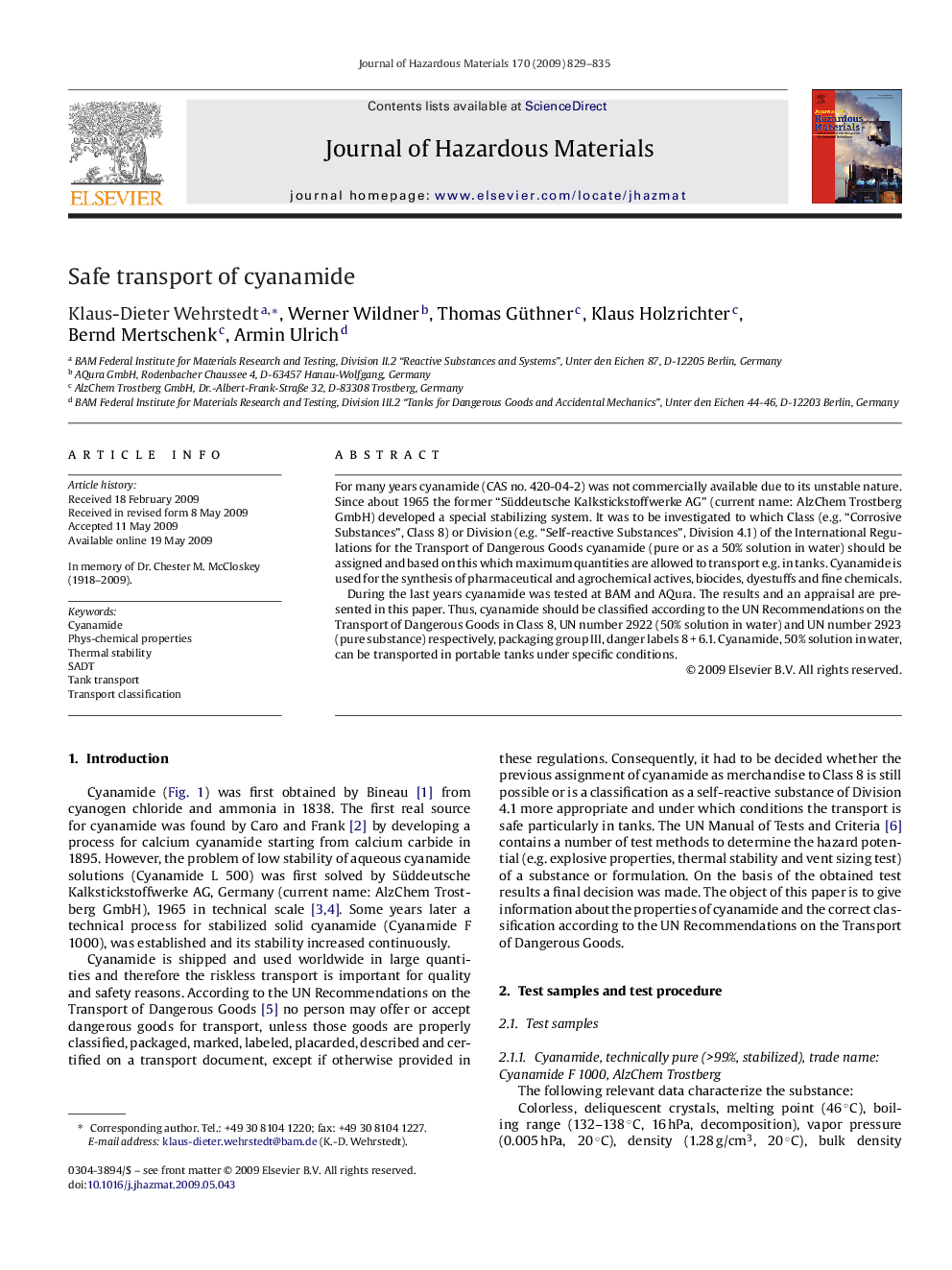 Safe transport of cyanamide