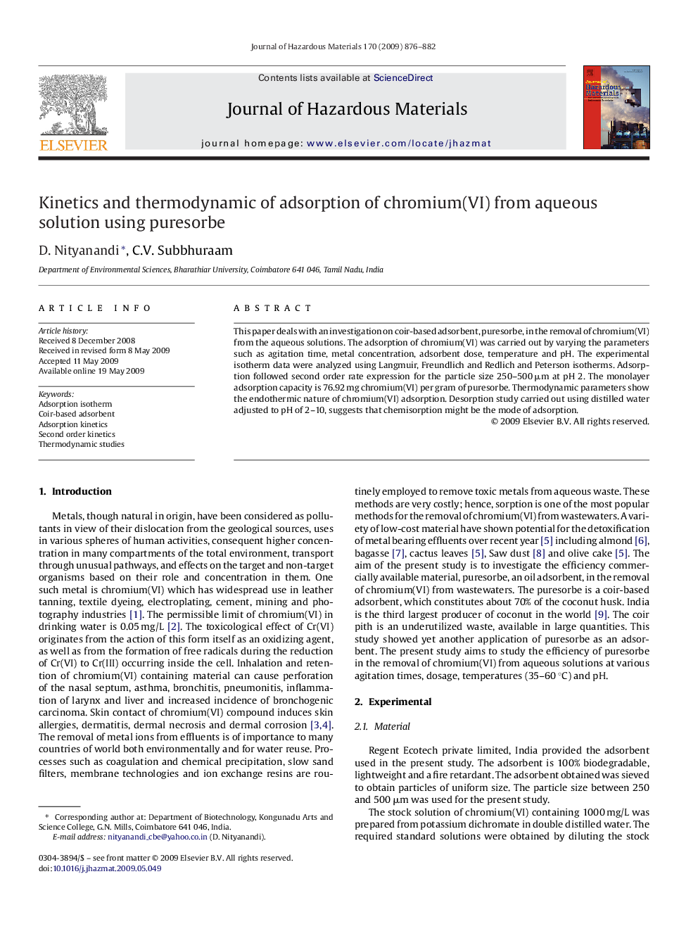 Kinetics and thermodynamic of adsorption of chromium(VI) from aqueous solution using puresorbe