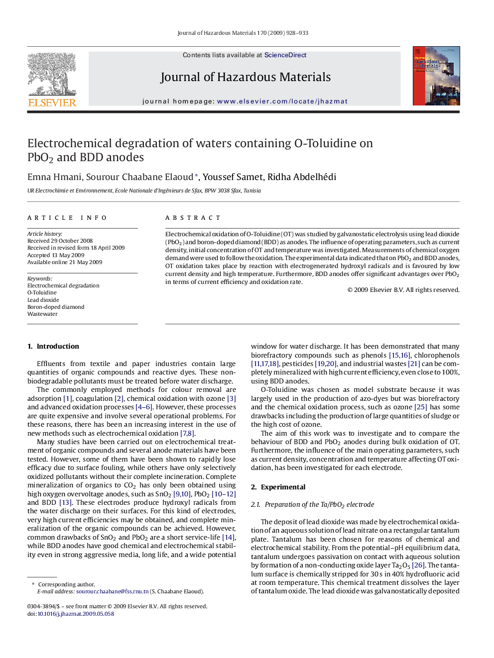 Electrochemical degradation of waters containing O-Toluidine on PbO2 and BDD anodes