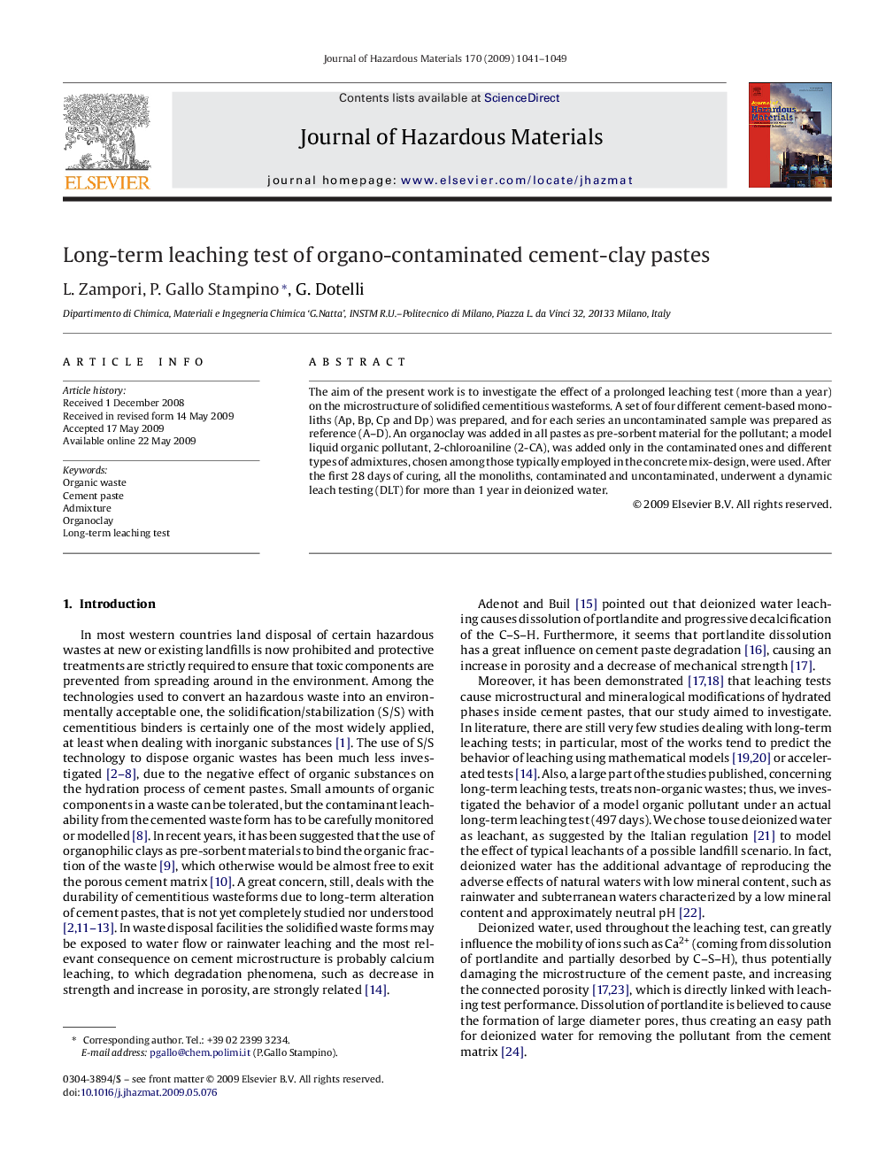 Long-term leaching test of organo-contaminated cement-clay pastes