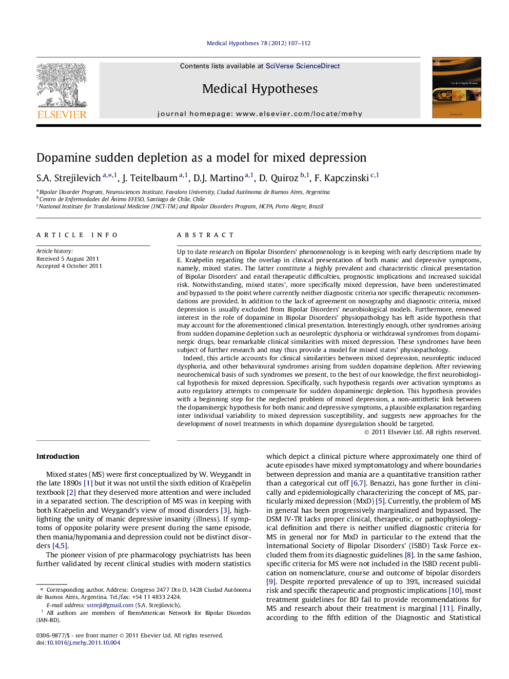 Dopamine sudden depletion as a model for mixed depression