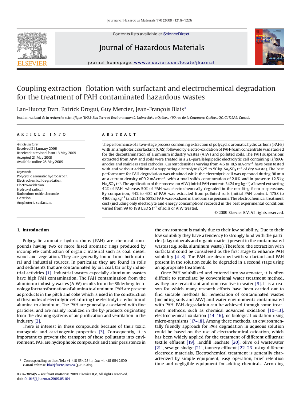 Coupling extraction–flotation with surfactant and electrochemical degradation for the treatment of PAH contaminated hazardous wastes