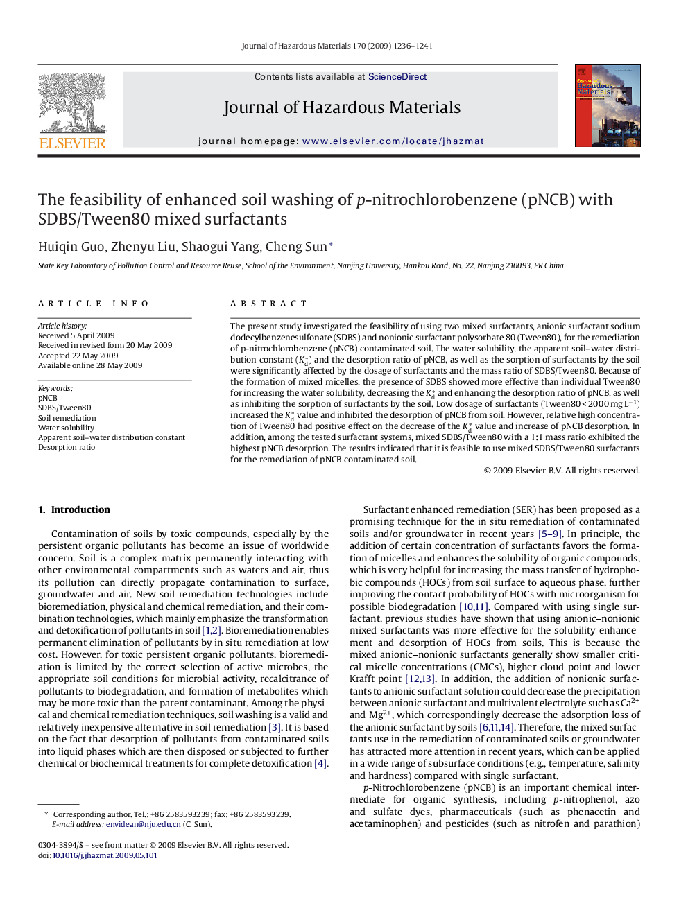 The feasibility of enhanced soil washing of p-nitrochlorobenzene (pNCB) with SDBS/Tween80 mixed surfactants