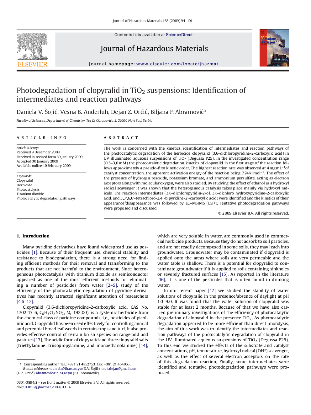 Photodegradation of clopyralid in TiO2 suspensions: Identification of intermediates and reaction pathways