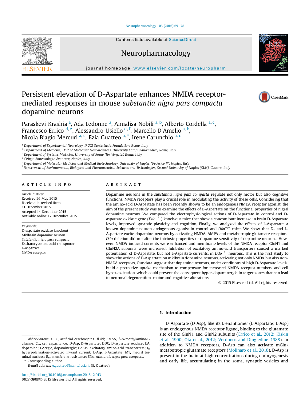 Persistent elevation of D-Aspartate enhances NMDA receptor-mediated responses in mouse substantia nigra pars compacta dopamine neurons