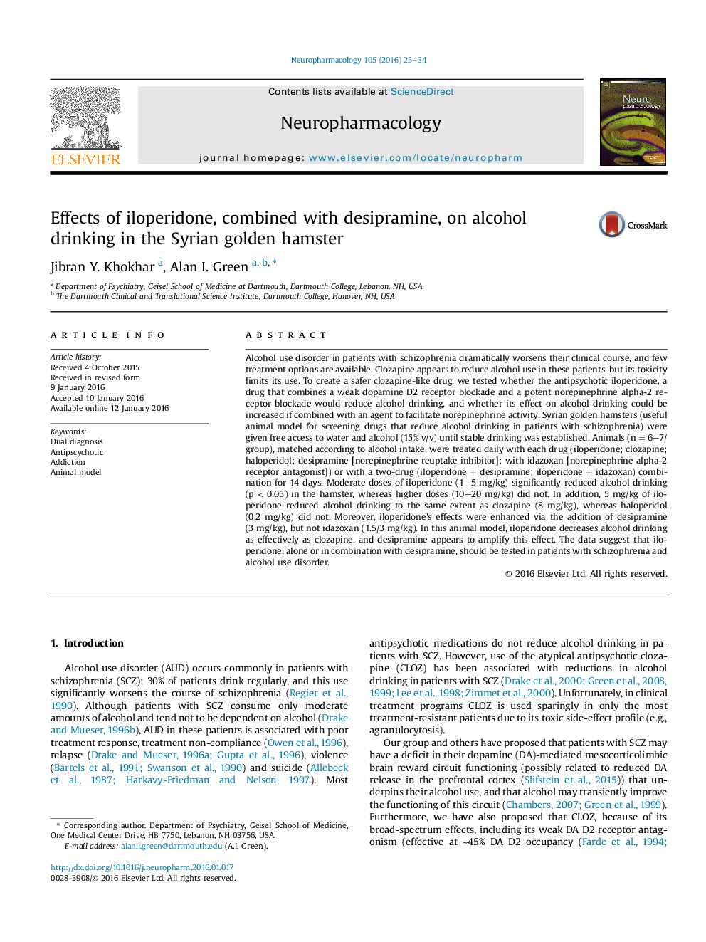 Effects of iloperidone, combined with desipramine, on alcohol drinking in the Syrian golden hamster