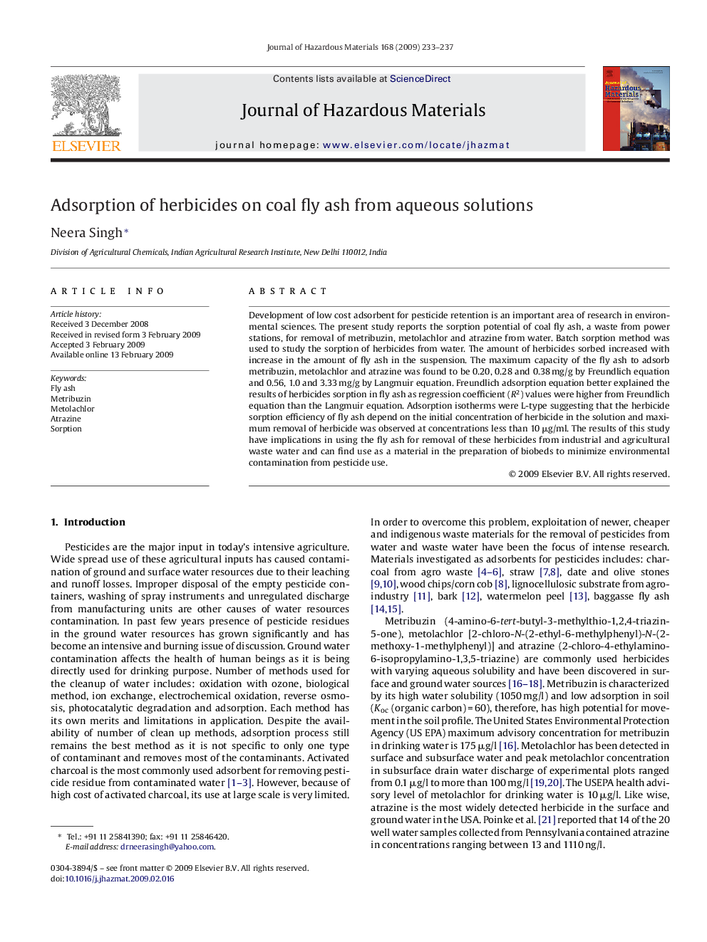 Adsorption of herbicides on coal fly ash from aqueous solutions