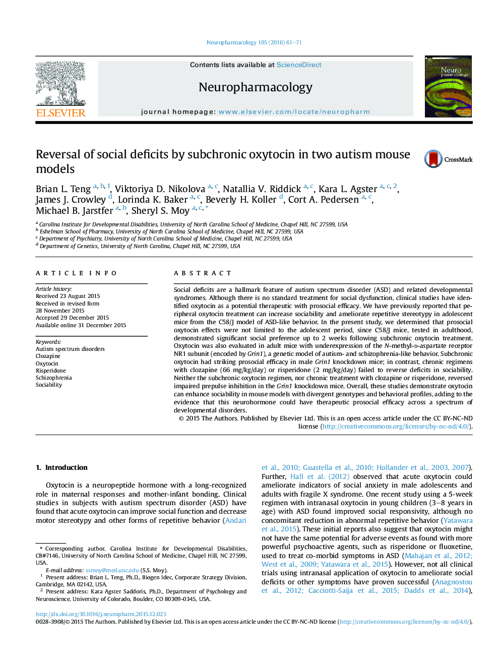 Reversal of social deficits by subchronic oxytocin in two autism mouse models