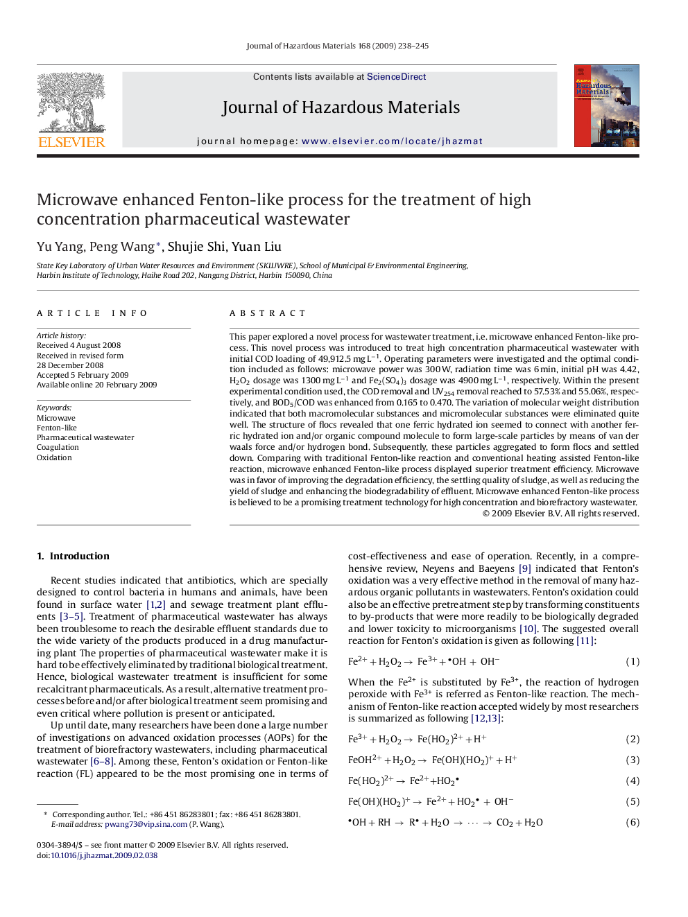 Microwave enhanced Fenton-like process for the treatment of high concentration pharmaceutical wastewater