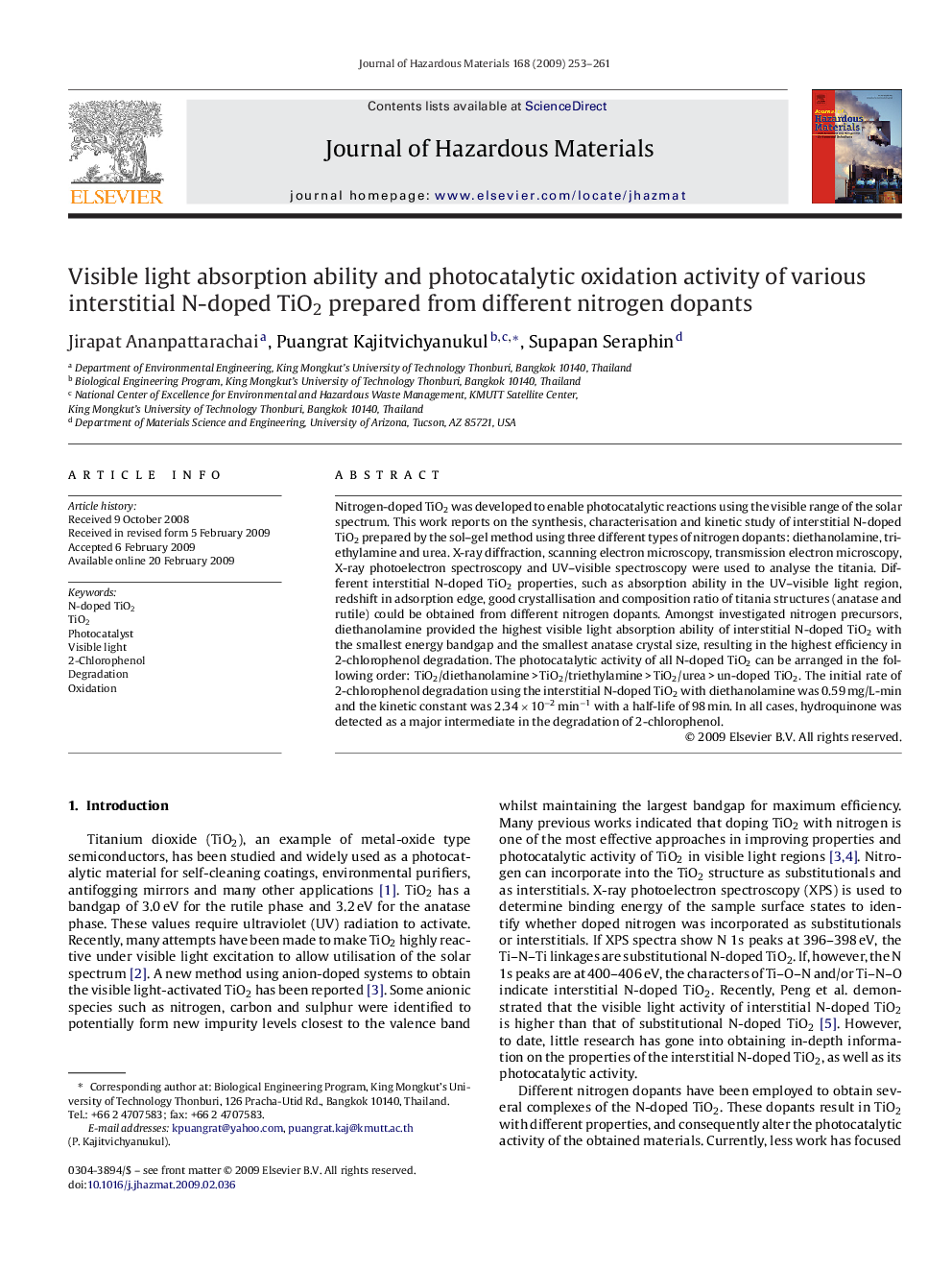 Visible light absorption ability and photocatalytic oxidation activity of various interstitial N-doped TiO2 prepared from different nitrogen dopants