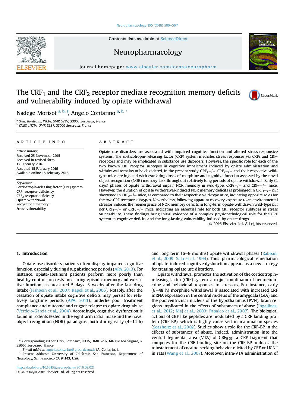 The CRF1 and the CRF2 receptor mediate recognition memory deficits and vulnerability induced by opiate withdrawal