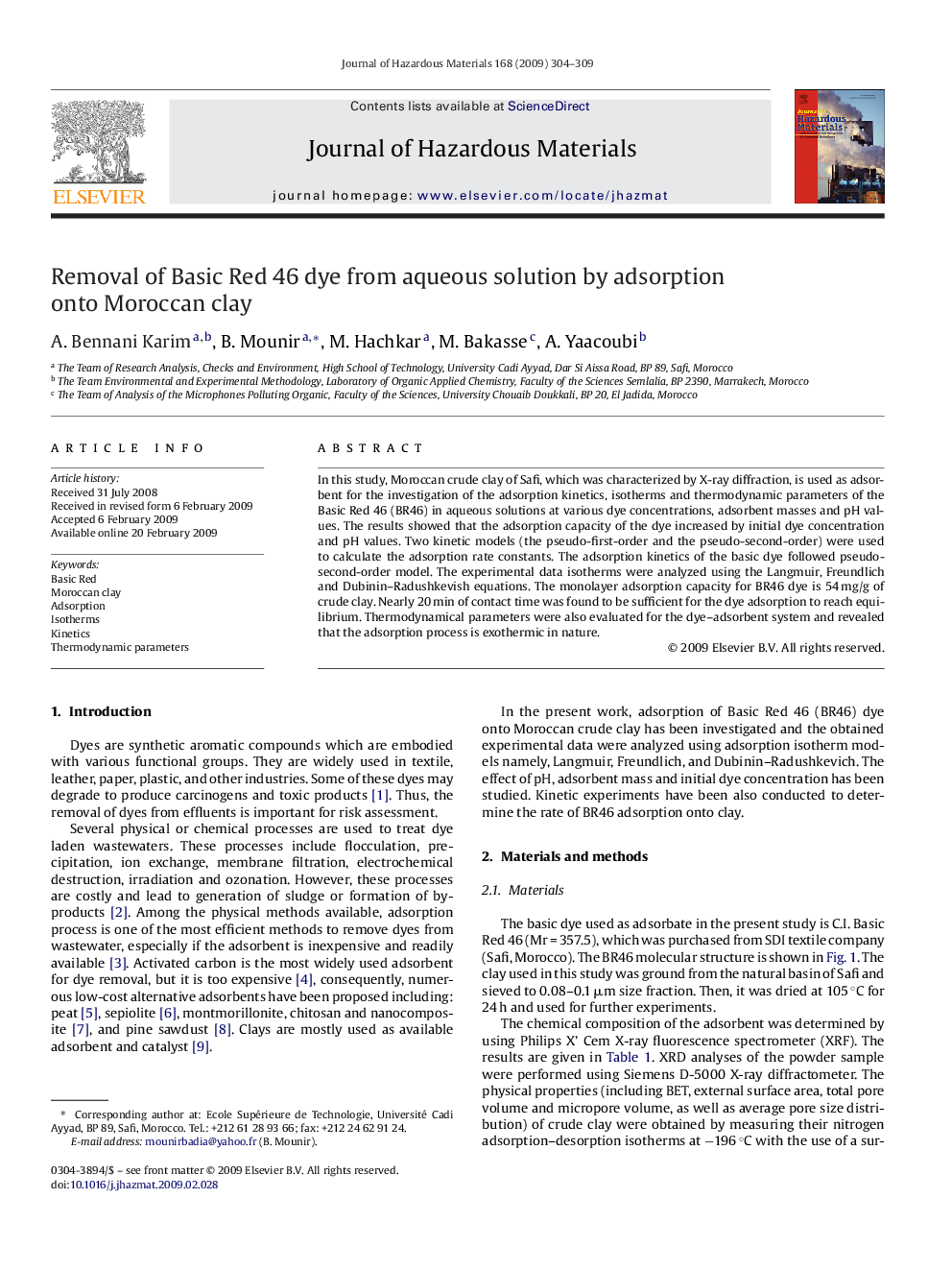 Removal of Basic Red 46 dye from aqueous solution by adsorption onto Moroccan clay