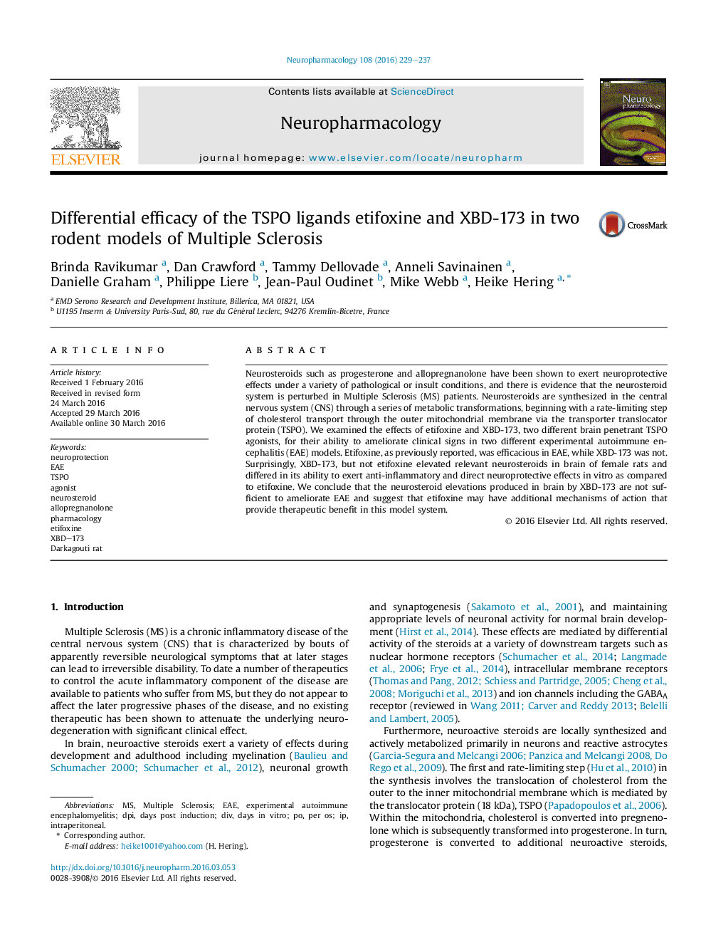 Differential efficacy of the TSPO ligands etifoxine and XBD-173 in two rodent models of Multiple Sclerosis