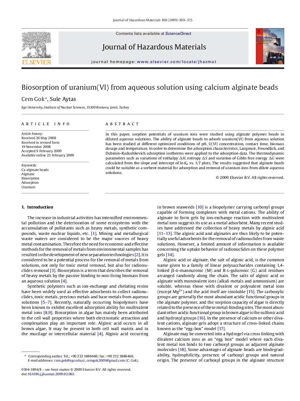 Biosorption of uranium(VI) from aqueous solution using calcium alginate beads