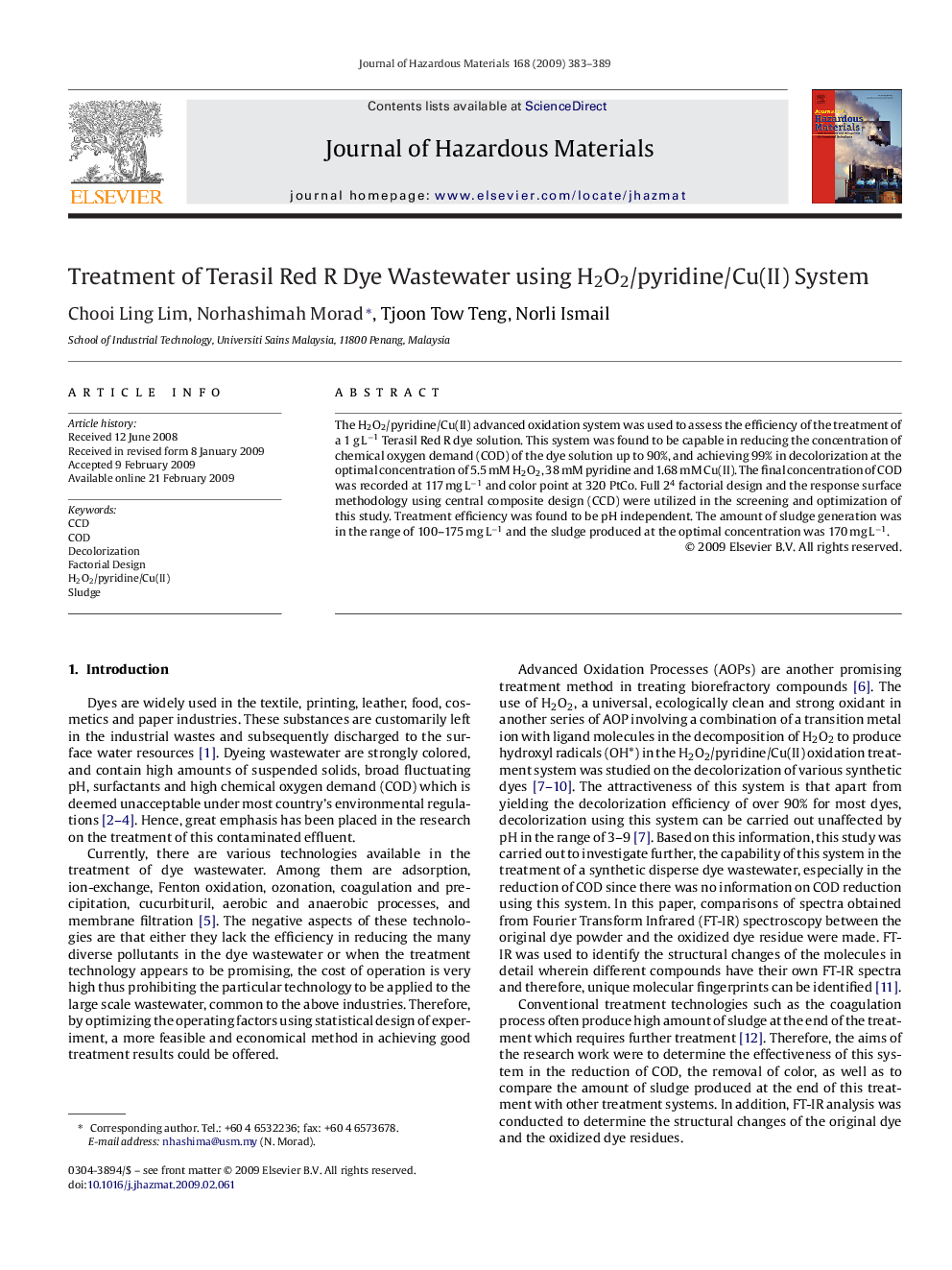 عکس صفحه اول مقاله: Treatment of Terasil Red R Dye Wastewater using H2O2/pyridine/Cu(II) System Treatment of Terasil Red R Dye Wastewater using H2O2/pyridine/Cu(II) System