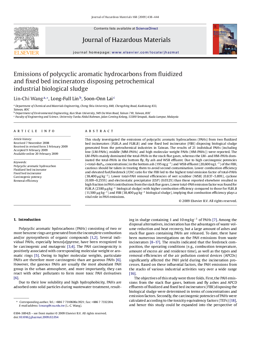 Emissions of polycyclic aromatic hydrocarbons from fluidized and fixed bed incinerators disposing petrochemical industrial biological sludge