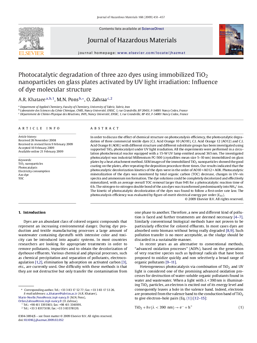 Photocatalytic degradation of three azo dyes using immobilized TiO2 nanoparticles on glass plates activated by UV light irradiation: Influence of dye molecular structure