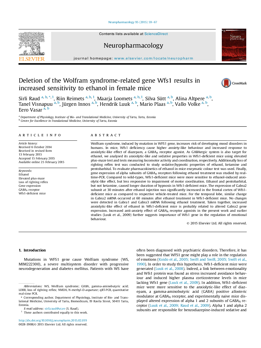 Deletion of the Wolfram syndrome-related gene Wfs1 results in increased sensitivity to ethanol in female mice