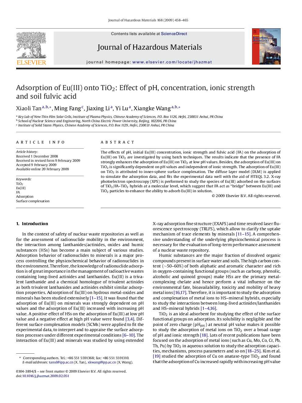 عکس صفحه اول مقاله: Adsorption of Eu(III) onto TiO2: Effect of pH, concentration, ionic strength and soil fulvic acid Adsorption of Eu(III) onto TiO2: Effect of pH, concentration, ionic strength and soil fulvic acid