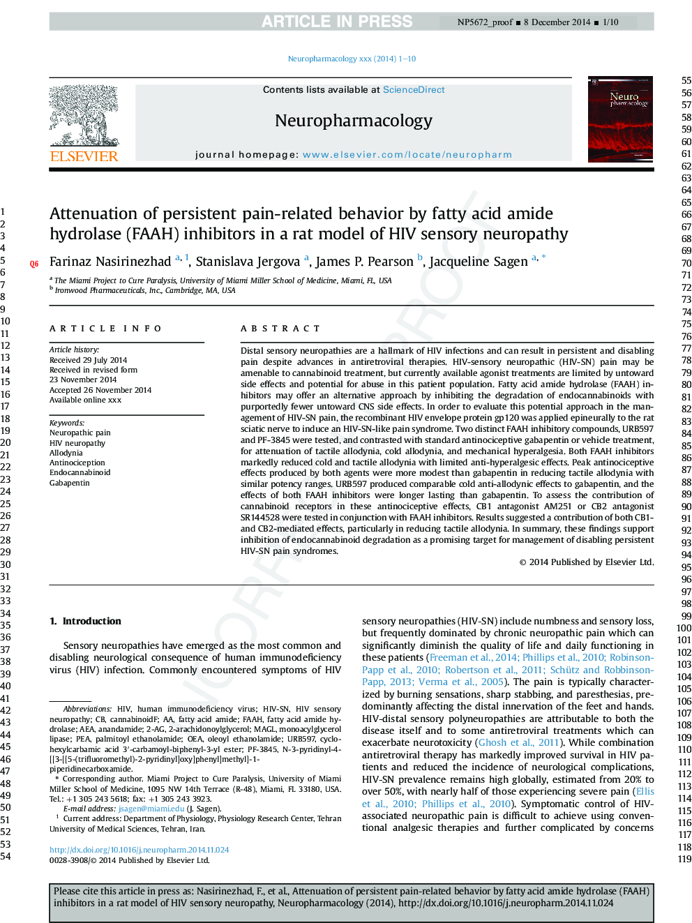 Attenuation of persistent pain-related behavior by fatty acid amide hydrolase (FAAH) inhibitors in a rat model of HIV sensory neuropathy