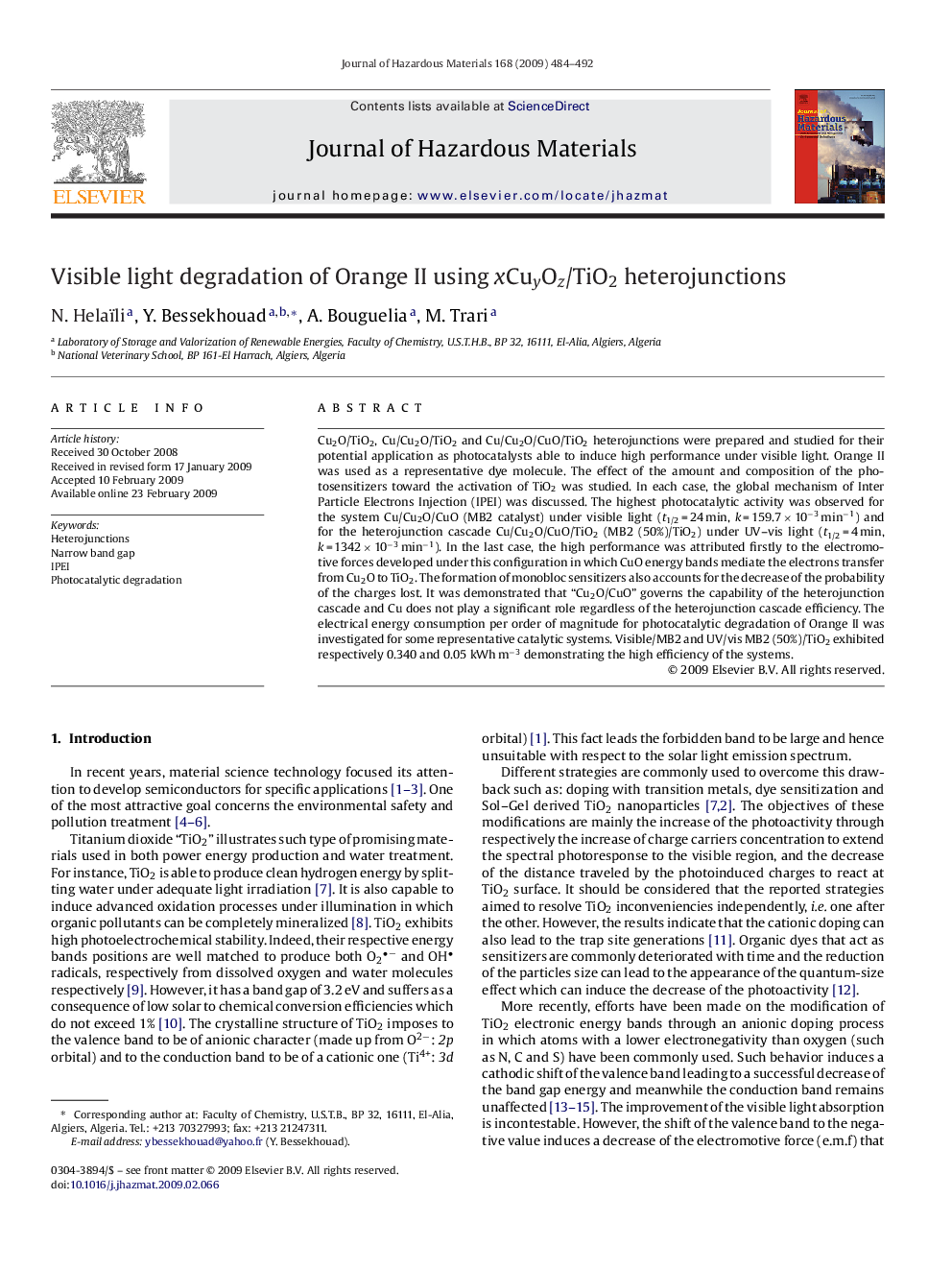 Visible light degradation of Orange II using xCuyOz/TiO2 heterojunctions