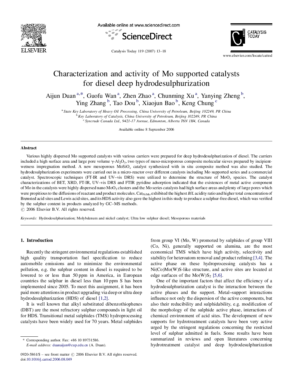 Characterization and activity of Mo supported catalysts for diesel deep hydrodesulphurization