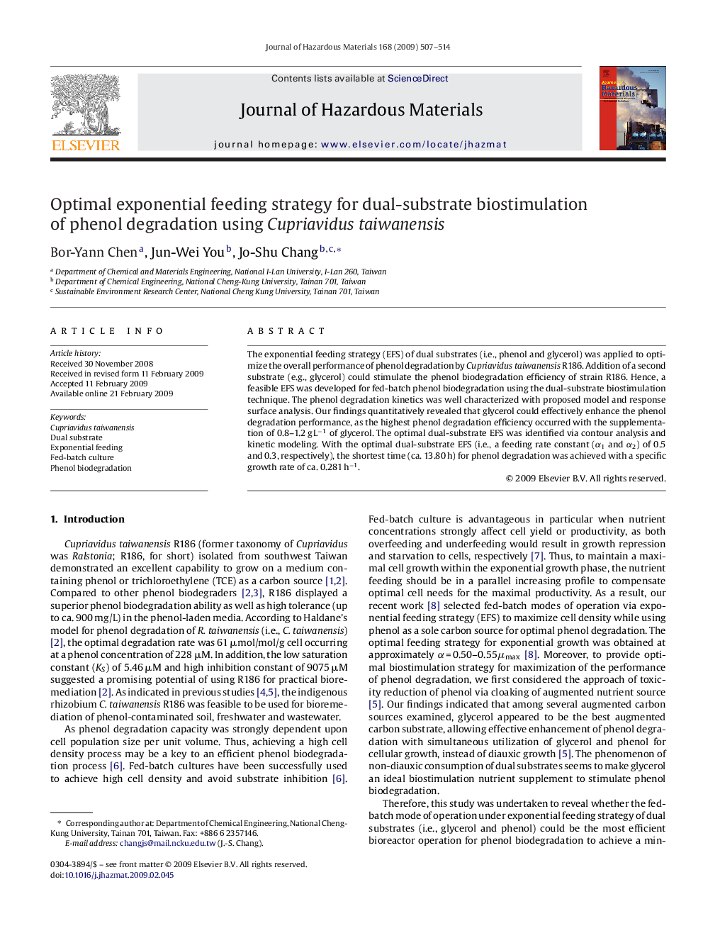 Optimal exponential feeding strategy for dual-substrate biostimulation of phenol degradation using Cupriavidus taiwanensis