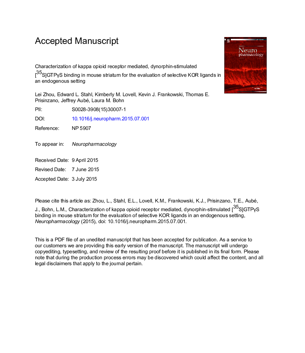 Characterization of kappa opioid receptor mediated, dynorphin-stimulated [35S]GTPÎ³S binding in mouse striatum for the evaluation of selective KOR ligands in an endogenous setting