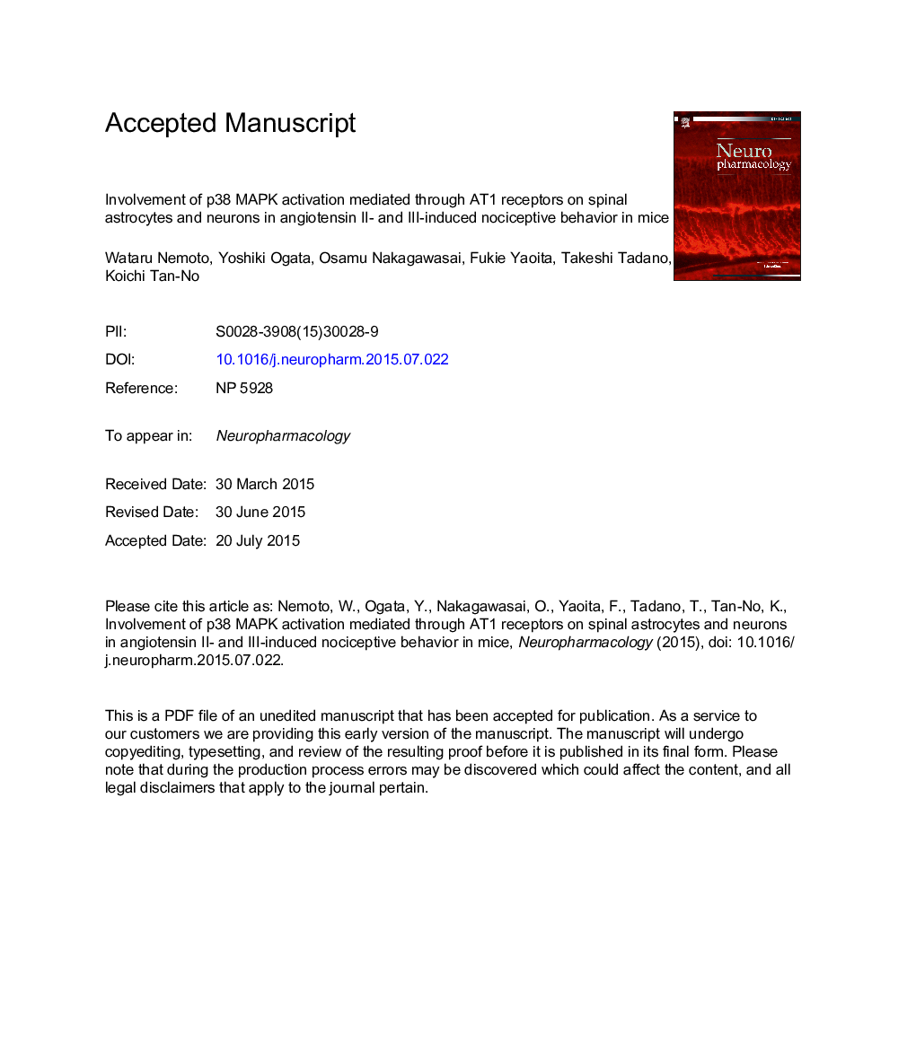 Involvement of p38 MAPK activation mediated through AT1 receptors on spinal astrocytes and neurons in angiotensin II- and III-induced nociceptive behavior in mice