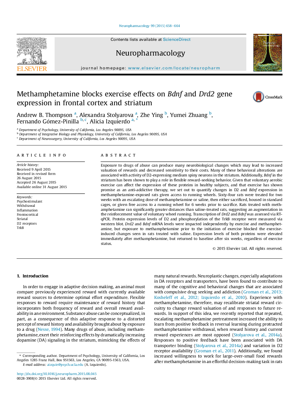 Methamphetamine blocks exercise effects on Bdnf and Drd2 gene expression in frontal cortex and striatum