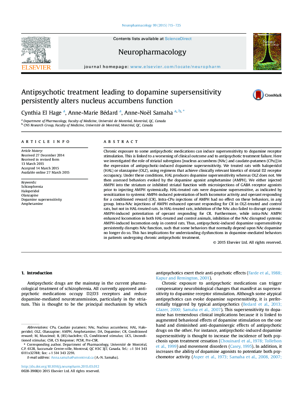 Antipsychotic treatment leading to dopamine supersensitivity persistently alters nucleus accumbens function