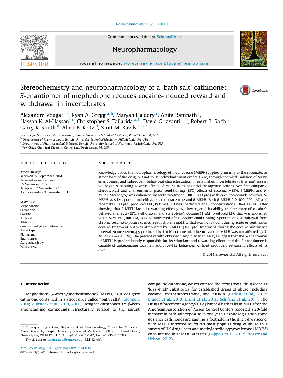 عکس صفحه اول مقاله: Stereochemistry and neuropharmacology of a 'bath salt' cathinone: S-enantiomer of mephedrone reduces cocaine-induced reward and withdrawal in invertebrates Stereochemistry and neuropharmacology of a 'bath salt' cathinone: S-enantiomer of mephedrone reduces cocaine-induced reward and withdrawal in invertebrates