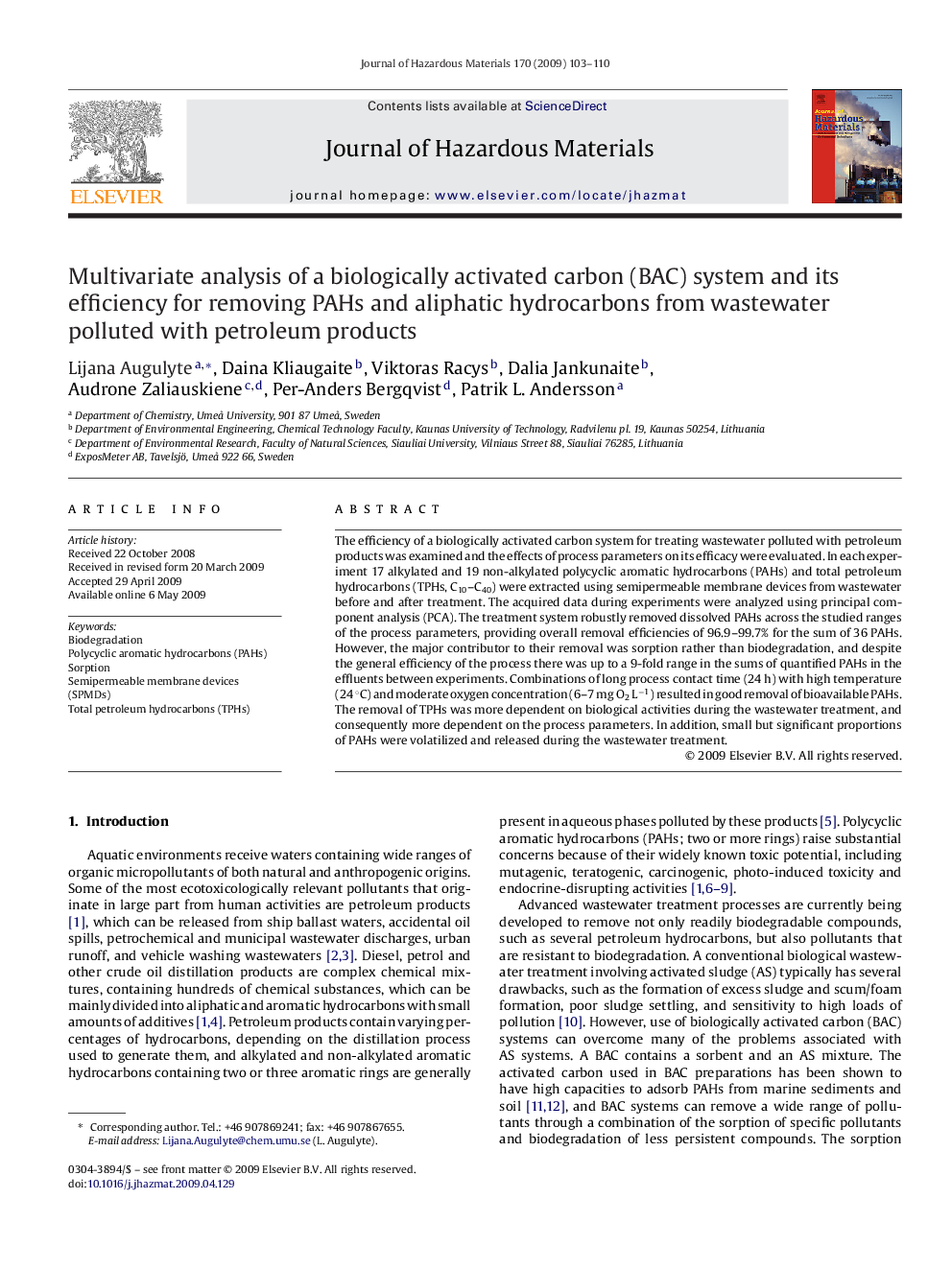 Multivariate analysis of a biologically activated carbon (BAC) system and its efficiency for removing PAHs and aliphatic hydrocarbons from wastewater polluted with petroleum products