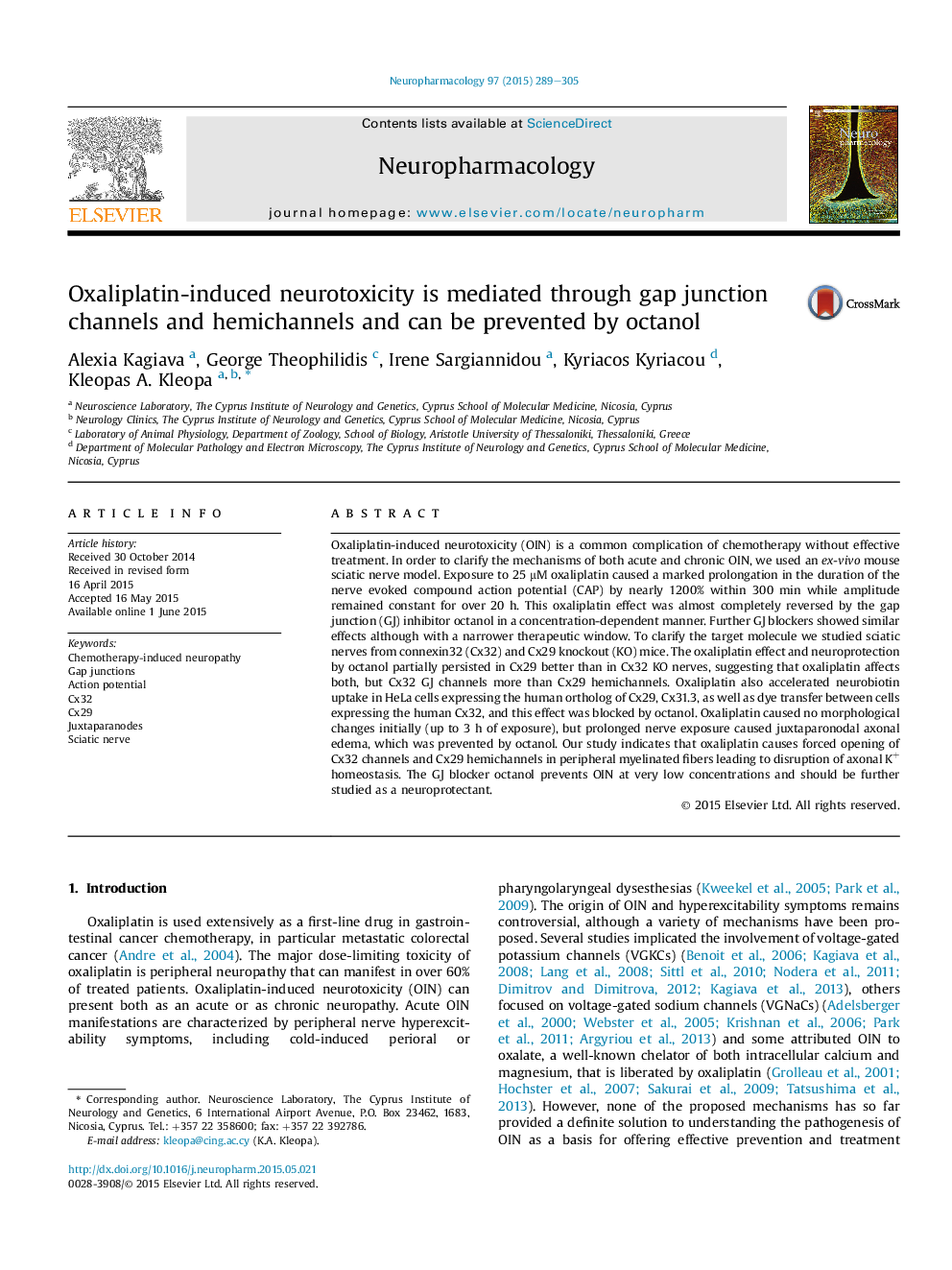 Oxaliplatin-induced neurotoxicity is mediated through gap junction channels and hemichannels and can be prevented by octanol