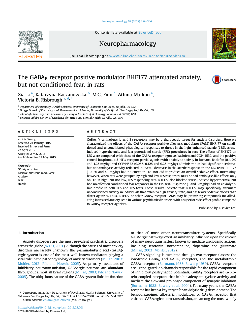 The GABAB receptor positive modulator BHF177 attenuated anxiety, but not conditioned fear, in rats