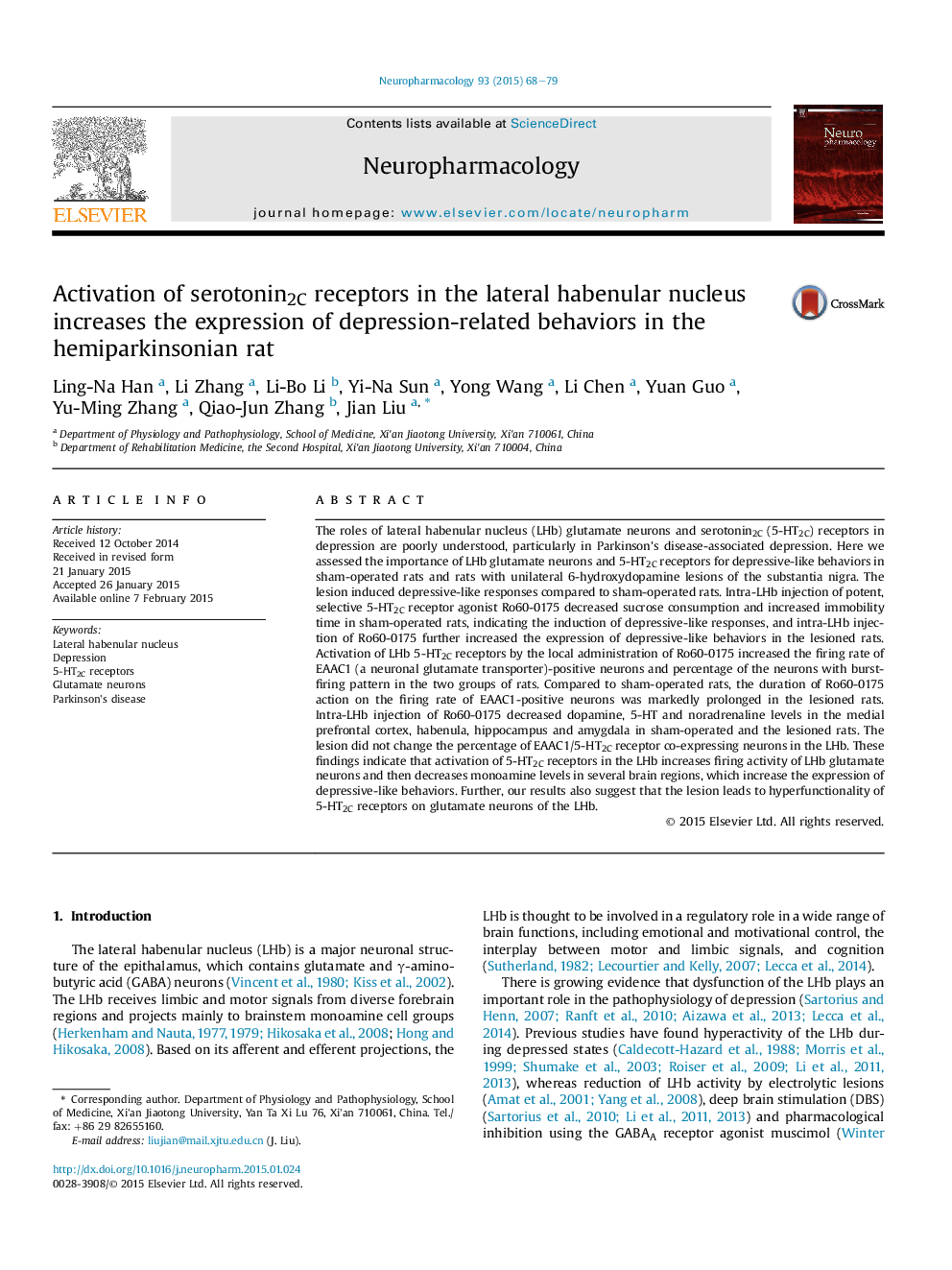 Activation of serotonin2C receptors in the lateral habenular nucleus increases the expression of depression-related behaviors in the hemiparkinsonian rat