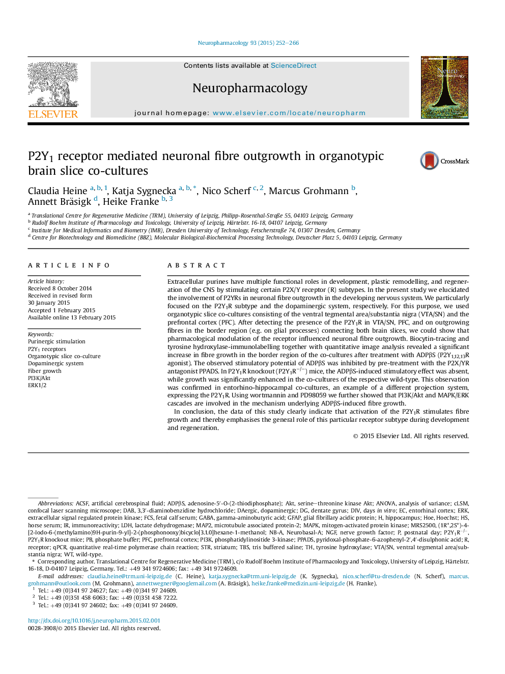 P2Y1 receptor mediated neuronal fibre outgrowth in organotypic brain slice co-cultures