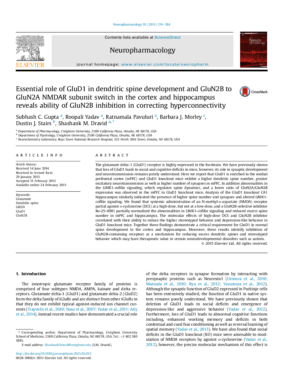 Essential role of GluD1 in dendritic spine development and GluN2B to GluN2A NMDAR subunit switch in the cortex and hippocampus reveals ability of GluN2B inhibition in correcting hyperconnectivity