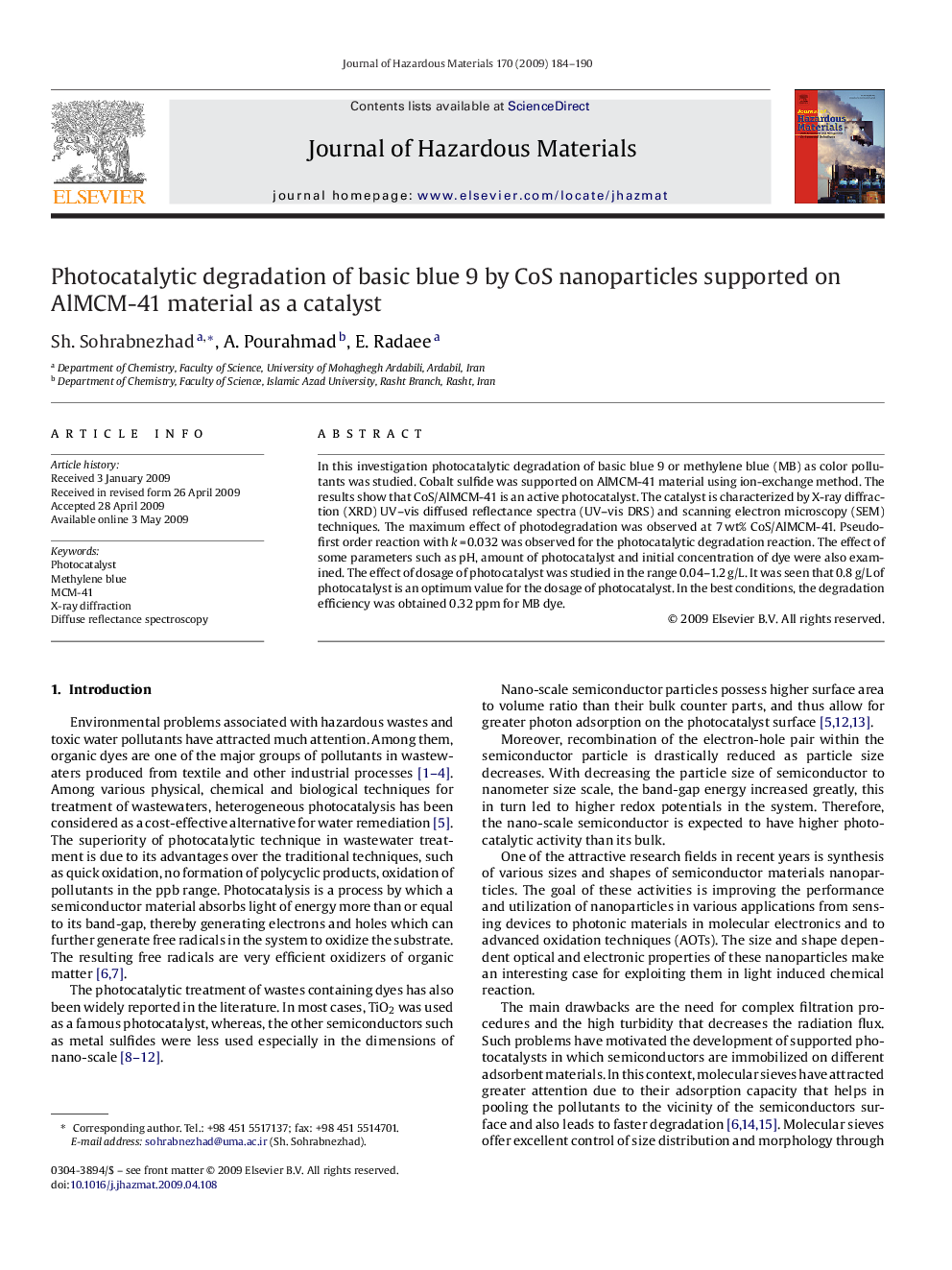 Photocatalytic degradation of basic blue 9 by CoS nanoparticles supported on AlMCM-41 material as a catalyst