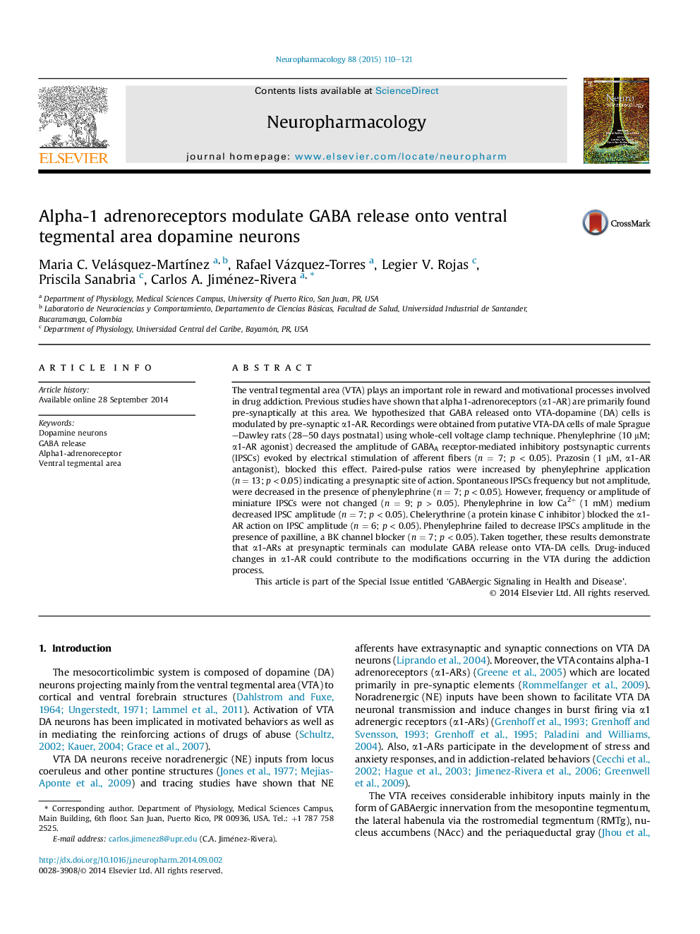 Alpha-1 adrenoreceptors modulate GABA release onto ventral tegmental area dopamine neurons