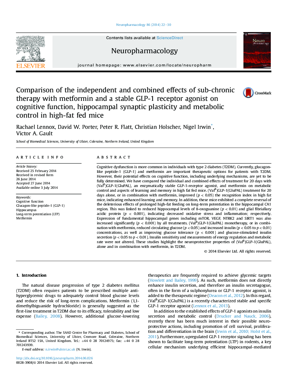 Comparison of the independent and combined effects of sub-chronic therapy with metformin and a stable GLP-1 receptor agonist on cognitive function, hippocampal synaptic plasticity and metabolic control in high-fat fed mice