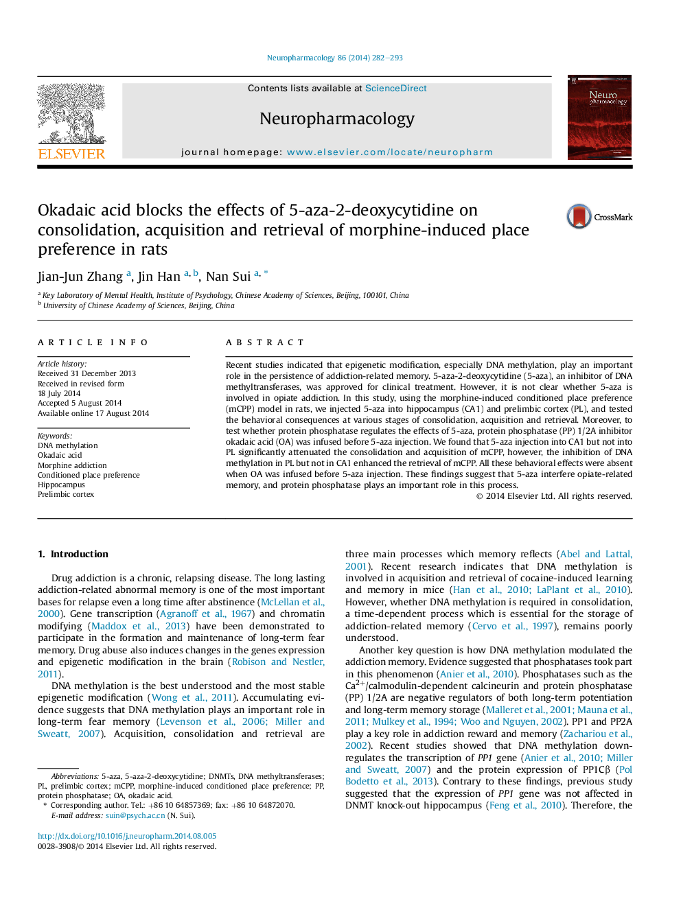 Okadaic acid blocks the effects of 5-aza-2-deoxycytidine on consolidation, acquisition and retrieval of morphine-induced place preference in rats