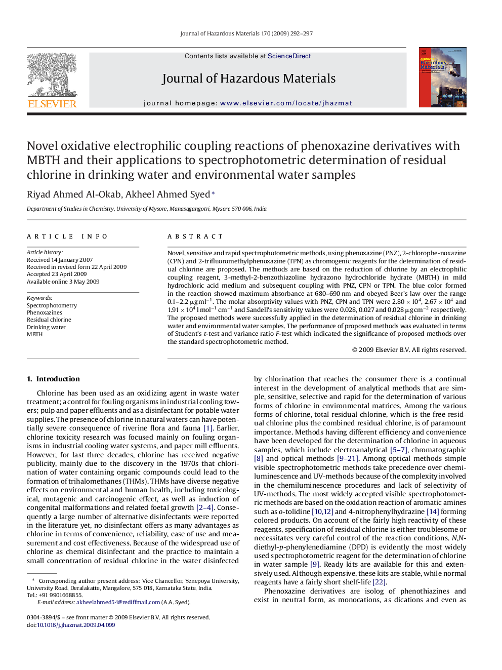 Novel oxidative electrophilic coupling reactions of phenoxazine derivatives with MBTH and their applications to spectrophotometric determination of residual chlorine in drinking water and environmental water samples