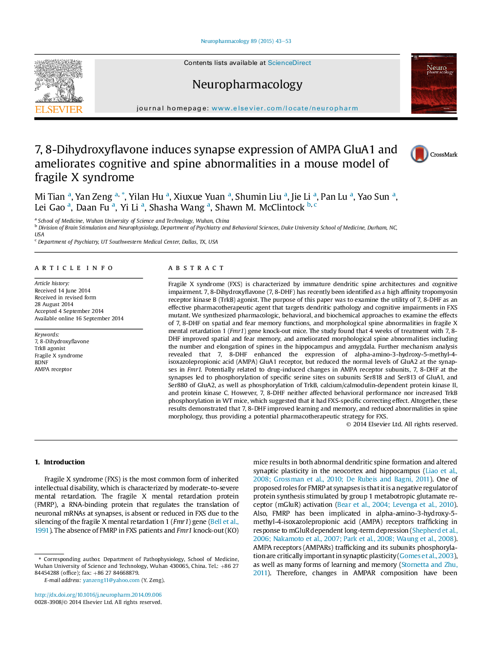 7, 8-Dihydroxyflavone induces synapse expression of AMPA GluA1 and ameliorates cognitive and spine abnormalities in a mouse model of fragile X syndrome