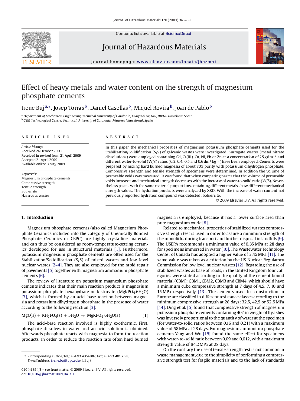 Effect of heavy metals and water content on the strength of magnesium phosphate cements